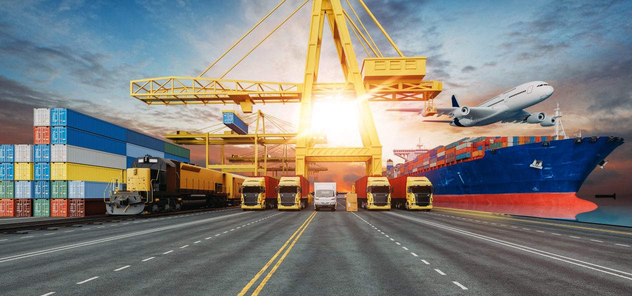 A image with multiple modes of transport like trucks, train, and ships, to signify Circle Commerce CommerceHub's integration