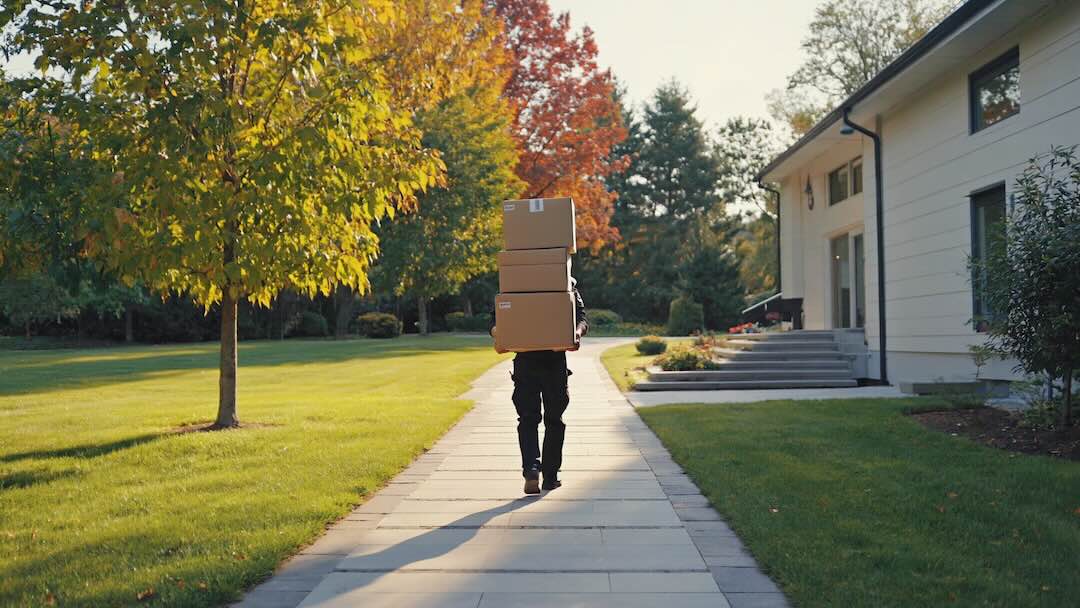 An image showing a delivery person carry several packages in boxes in a residential area.